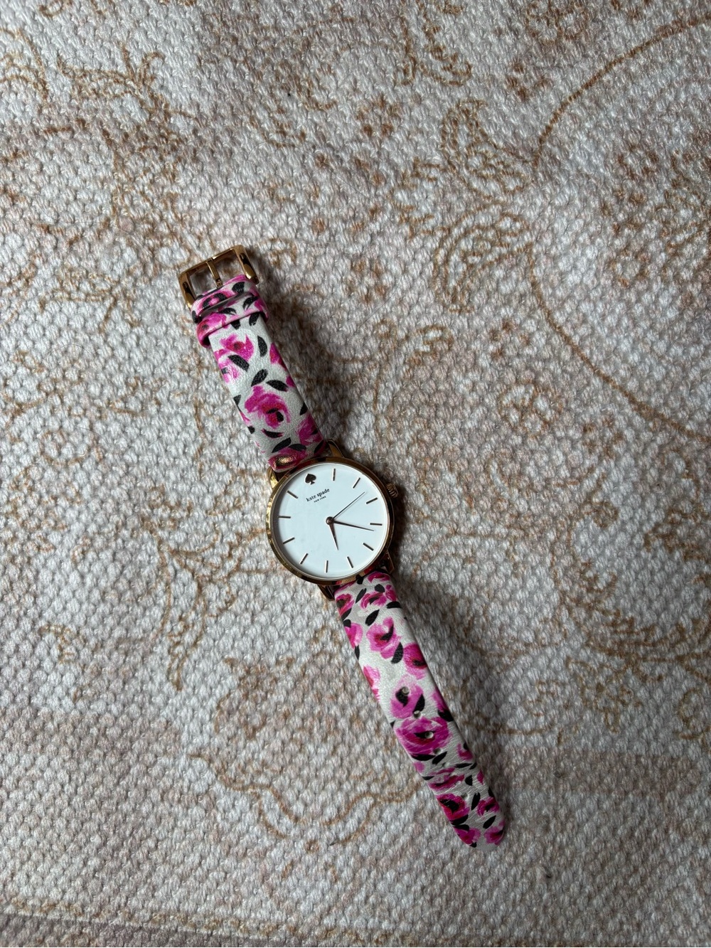 kate spade Pink Floral Leather Strap Watch with Gold Case